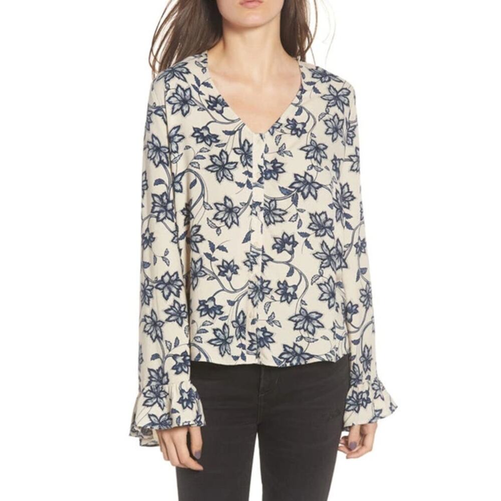 NEW Hinge Ruffle Sleeve Blouse Womens SZ Small Beige Whisper Burnt Floral Casual